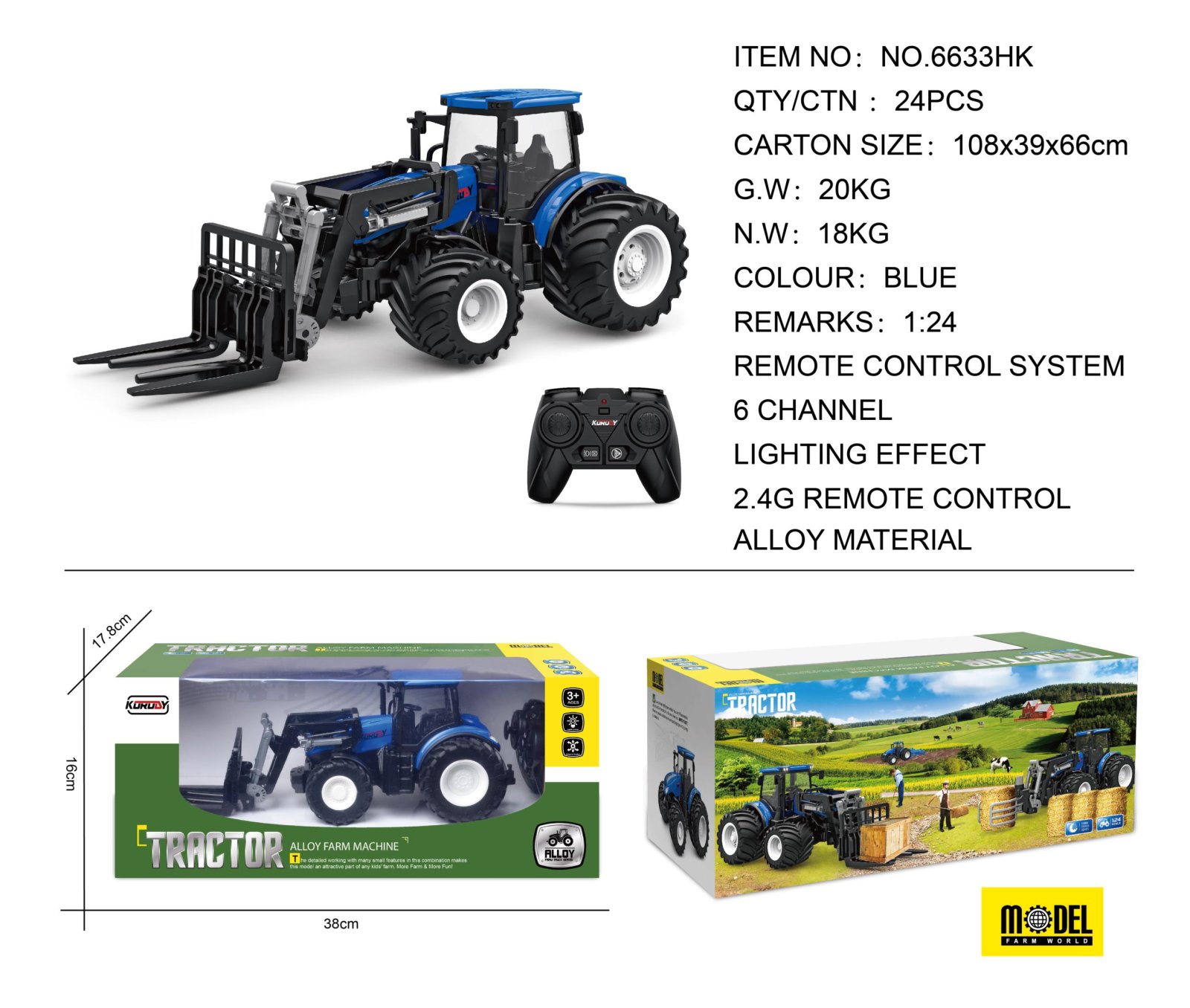 Sinine R/C traktor pukseeritava traktoriga