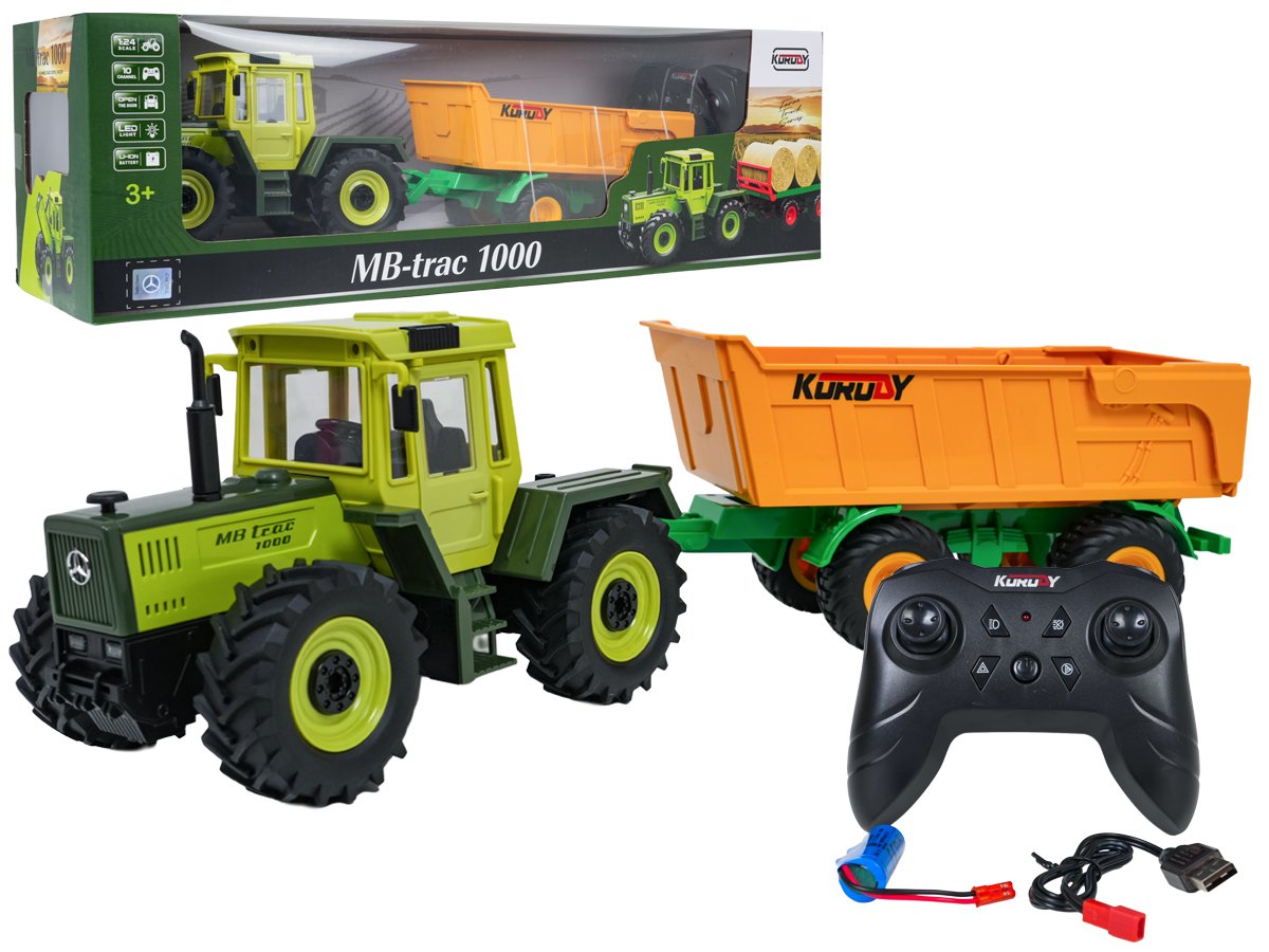 Green tractor 1:24 with remote control Mercedes Benz + Yellow trailer