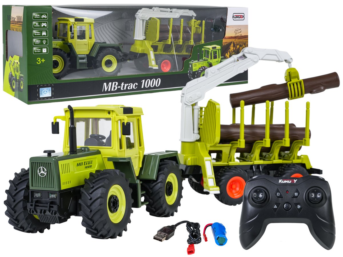 Green tractor 1:24 with remote control Mercedes Benz + Wooden trailer with crane