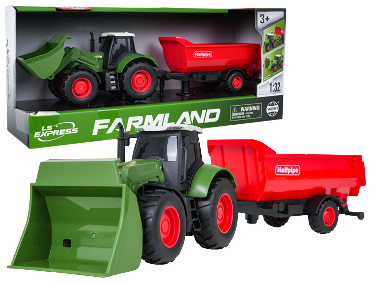 Roheline traktor tulede ja heli funktsiooniga 1:32 + punane haagis