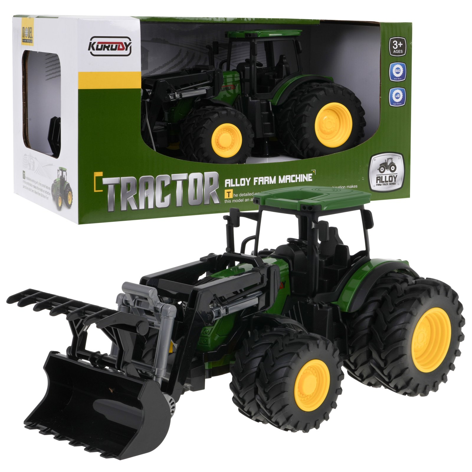 Roheline traktor esilaaduriga 1:24