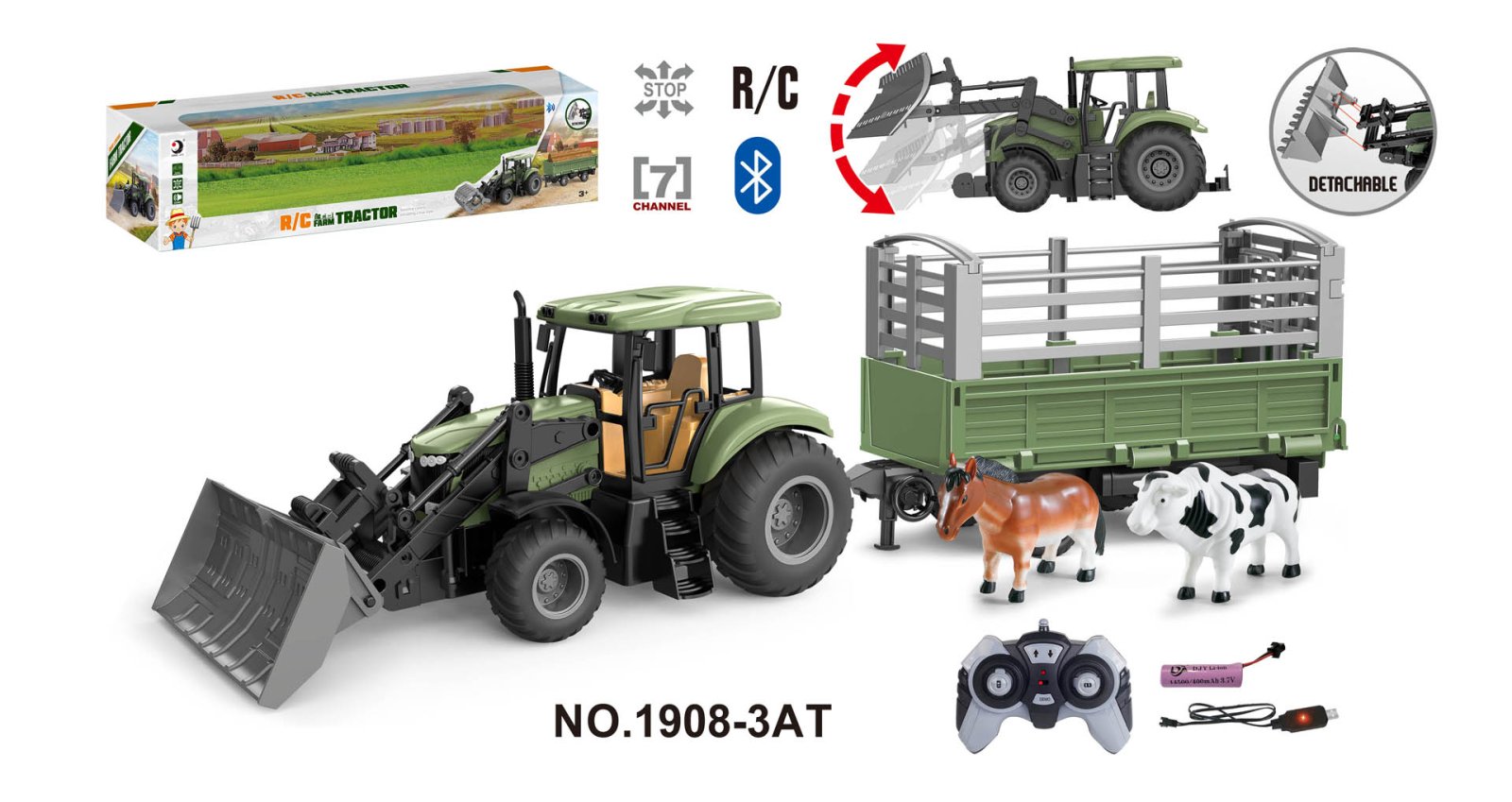Roheline traktor haagisega R/C 1:20 + loomad