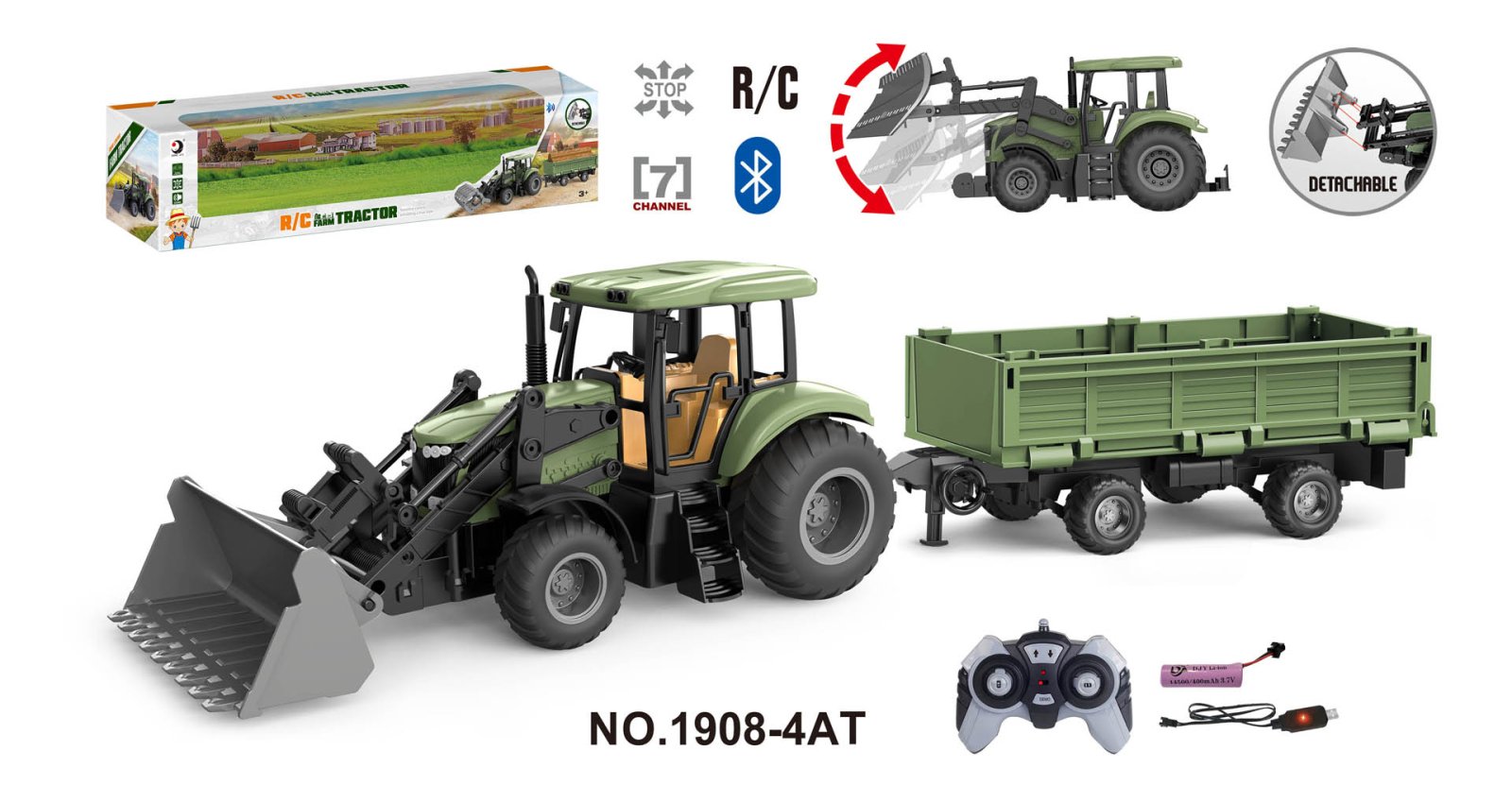Roheline traktor haagisega R/C 1:20