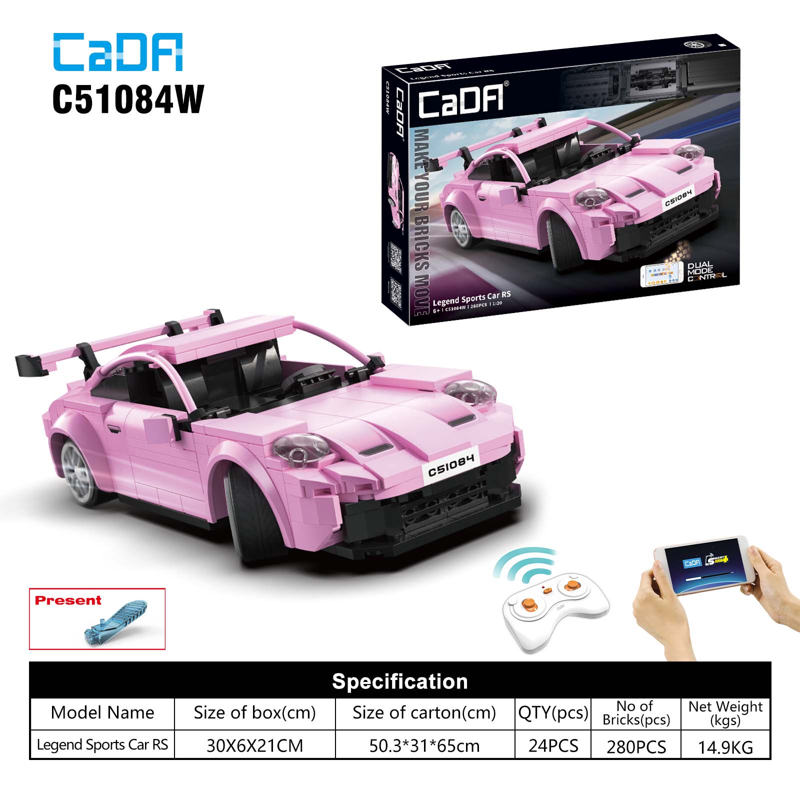 R/C palikoista rakennettava vaaleanpunainen urheiluauto EE