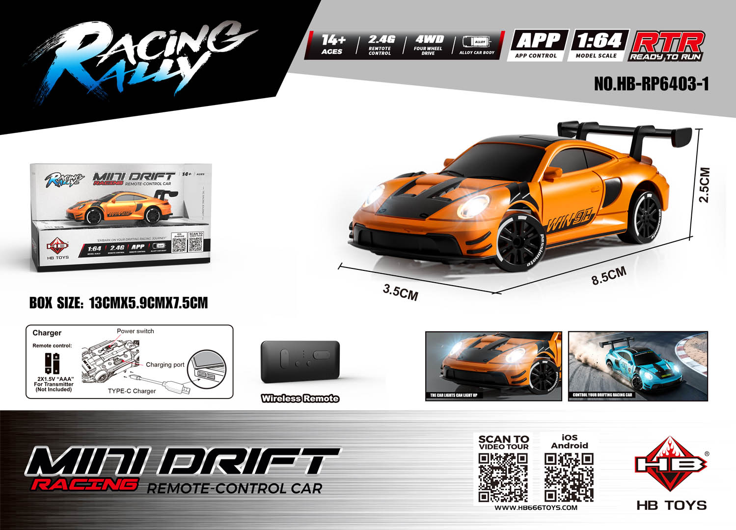 R/C auto MINI Drift 1:64 SmokeRacer Oranž