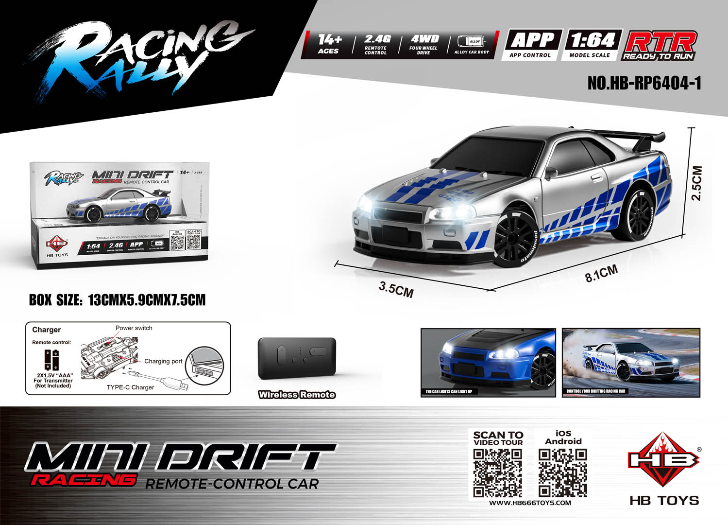 R/C auto MINI Drift 1:64 SmokeRacer Hõbedane
