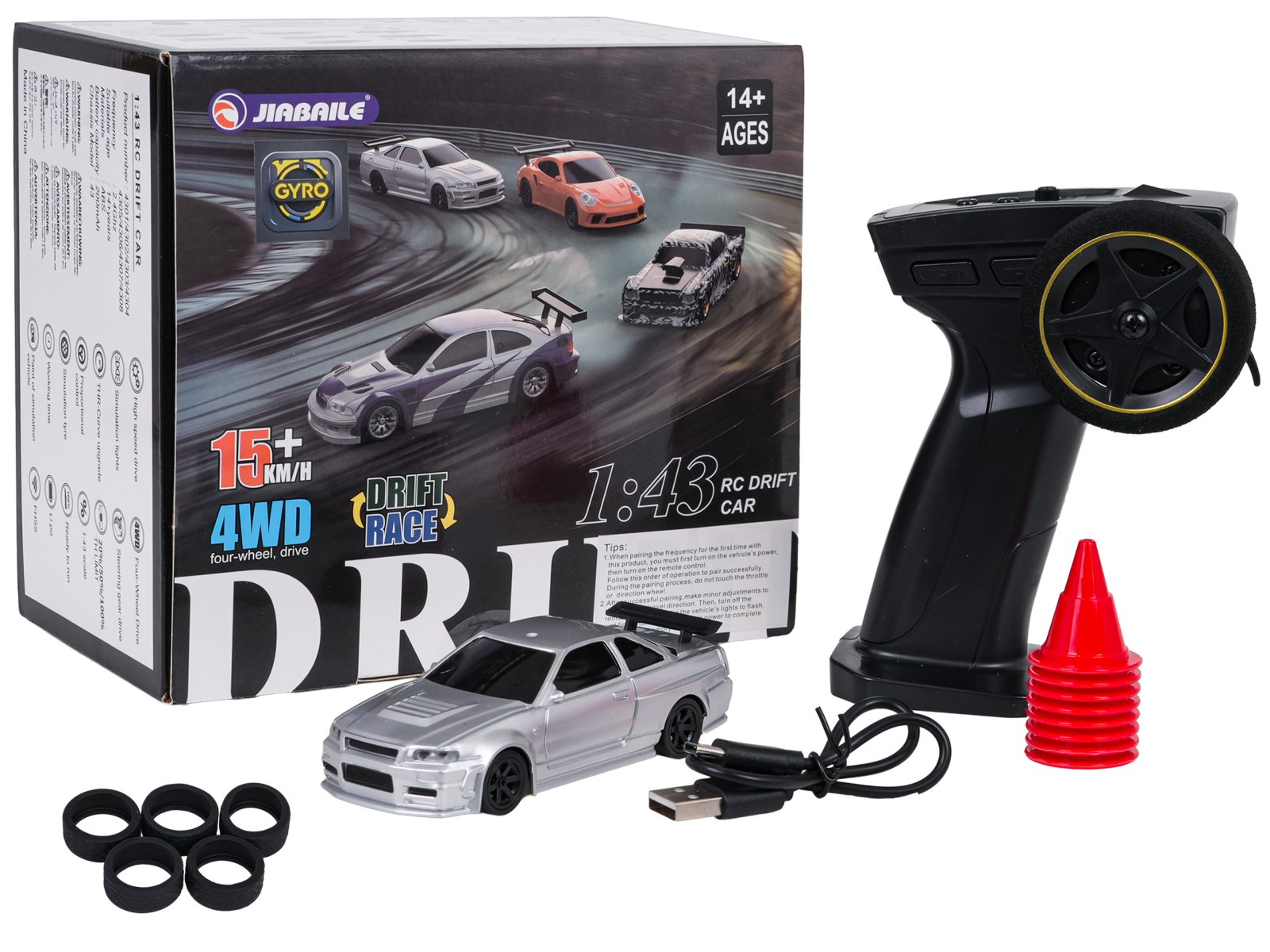 R/C driftiauto 1:43 valge + lisatarvikud