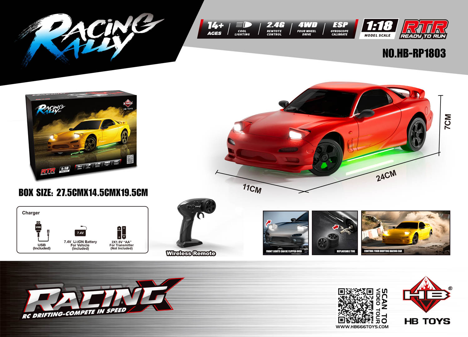 R/C driftiauto TurboSlide 1:18 valgustusega Punane