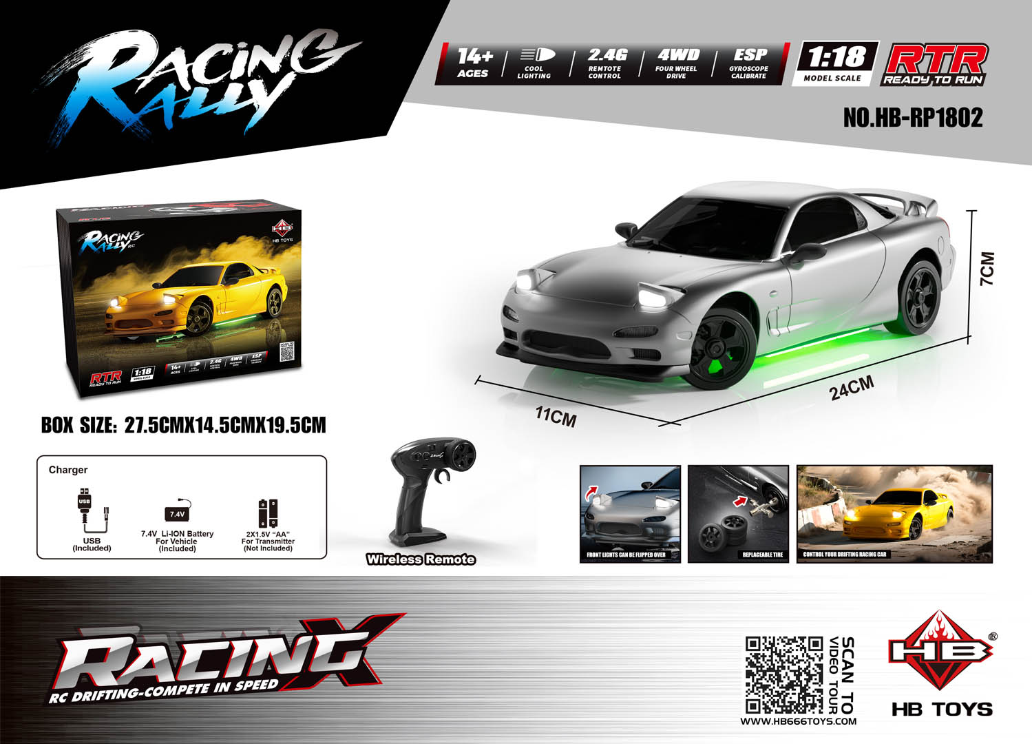 R/C driftiauto TurboSlide 1:18 tuledega Hõbedane