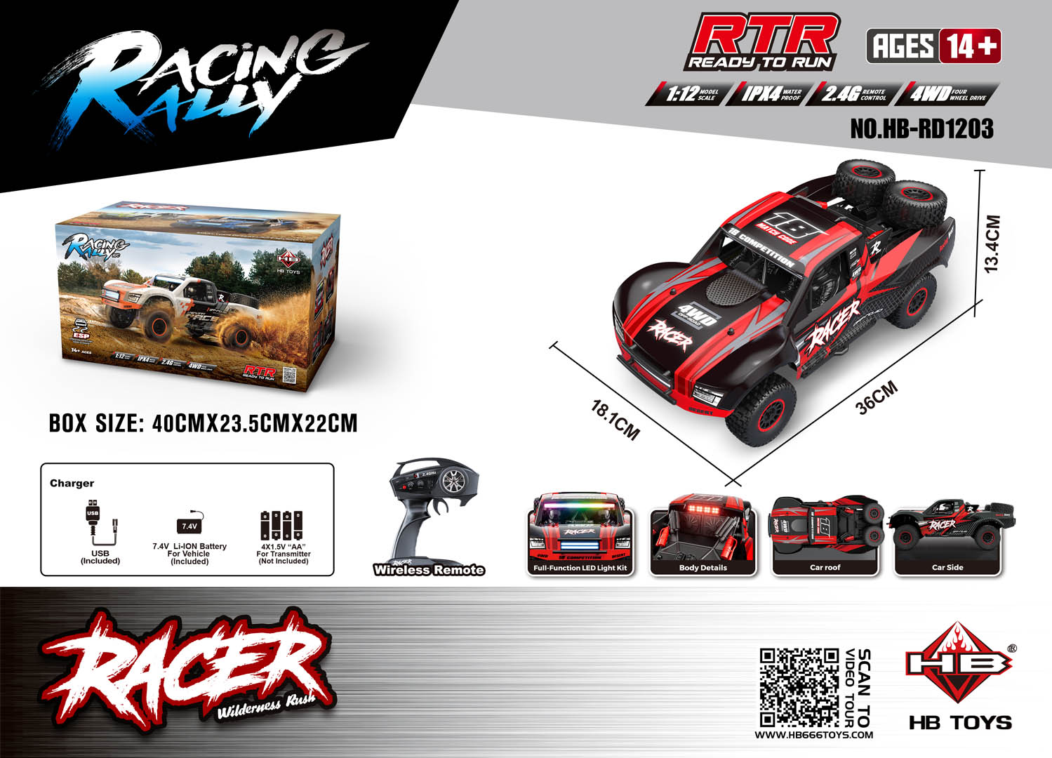 R/C maastur RACE 18 1:12 Must ja punane