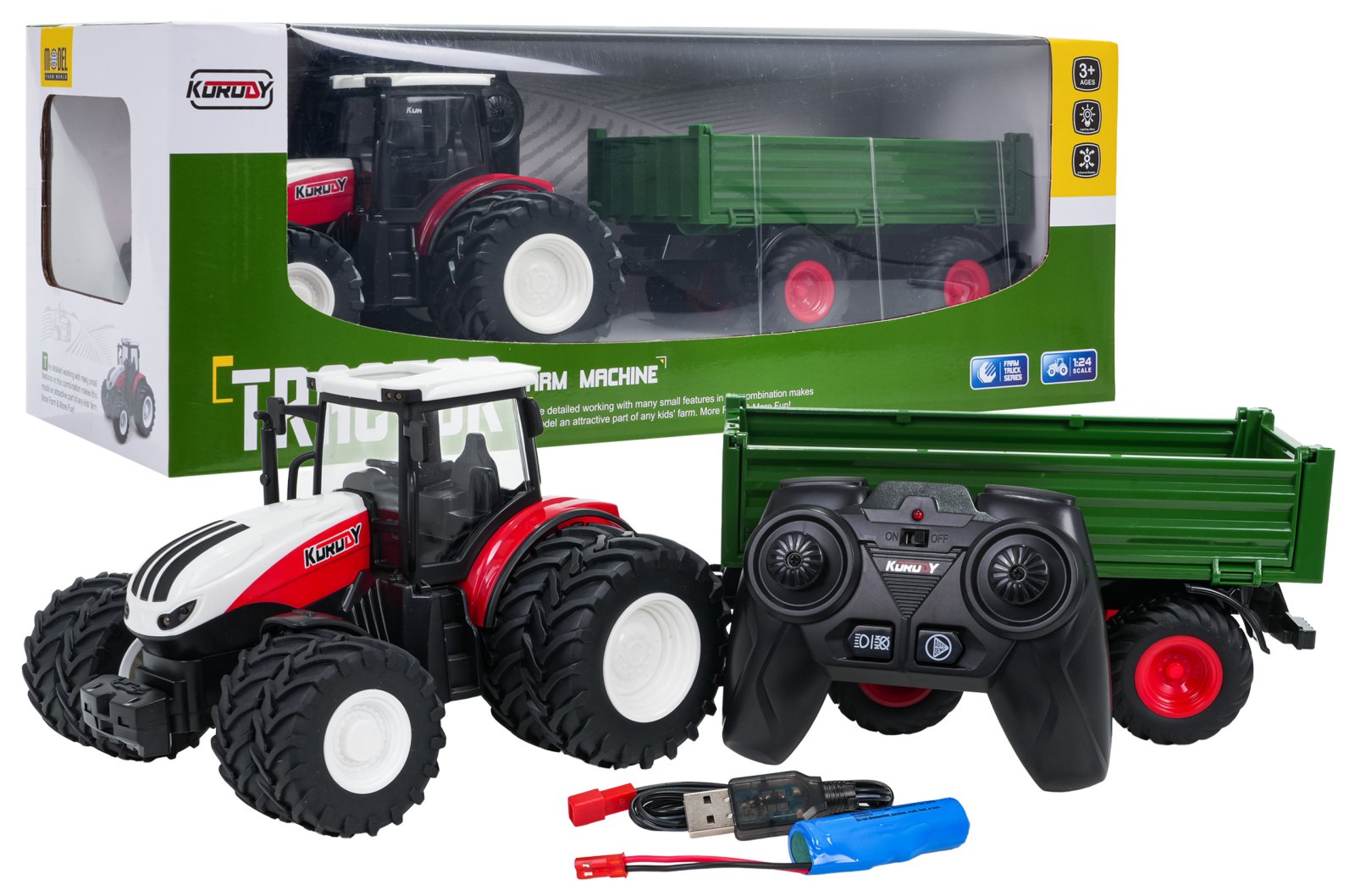 Punane R/C traktor rohelise poolhaagisega