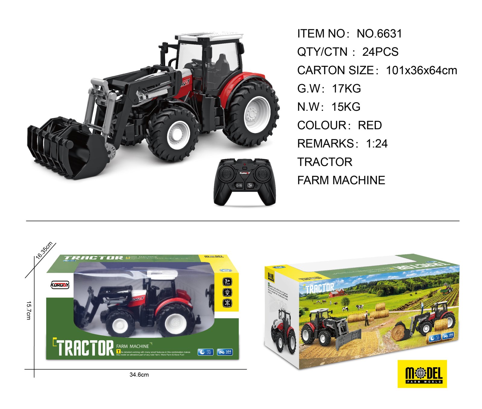 Punane R/C traktor laaduriga