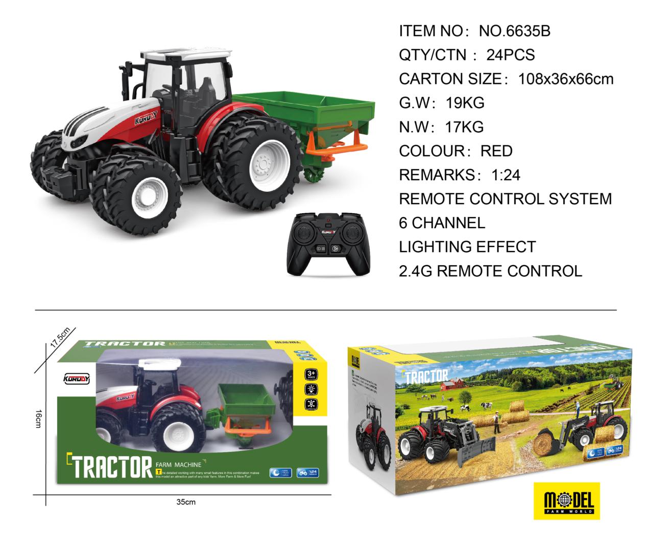 Punane R/C traktor külvikuga