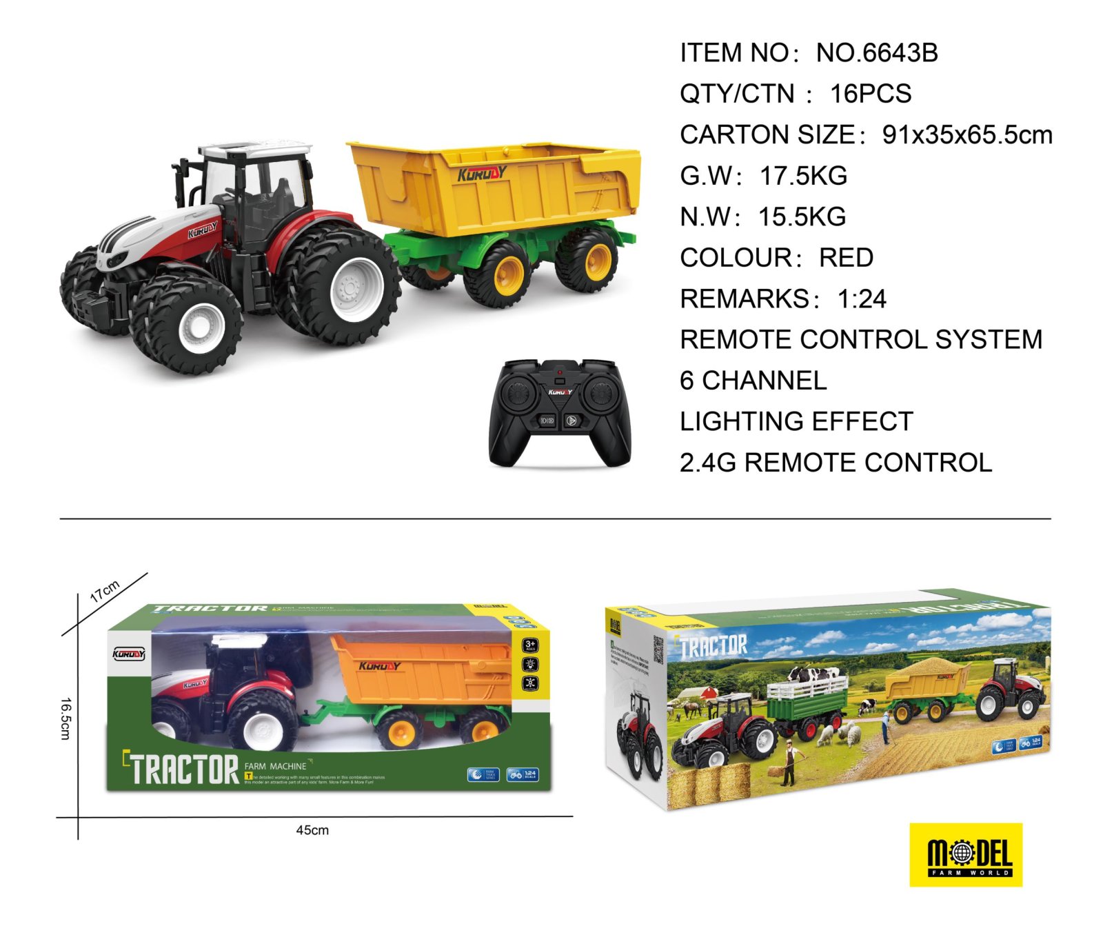 Punane R/C traktor poolhaagisega