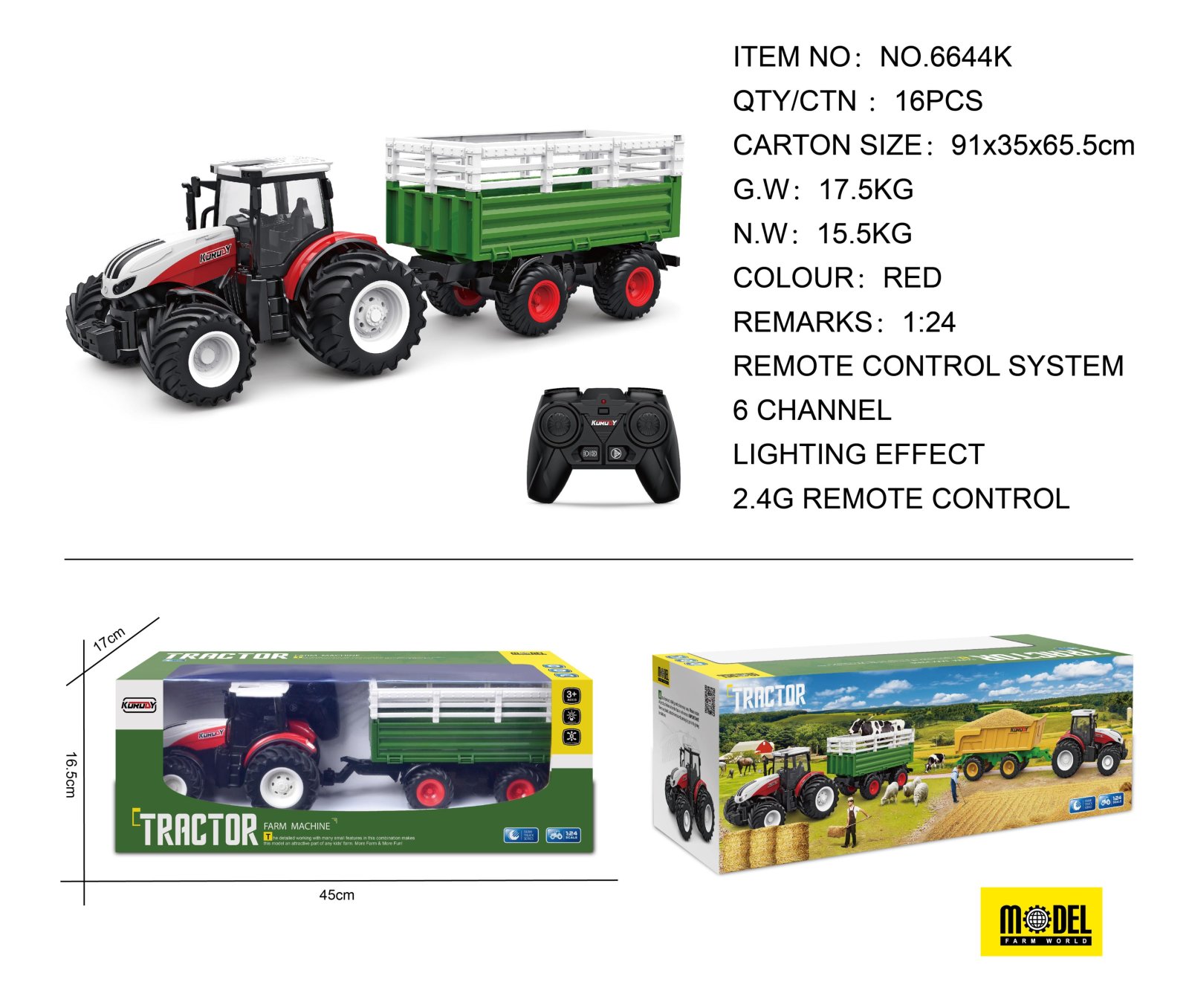 Punane R/C traktor poolhaagisega