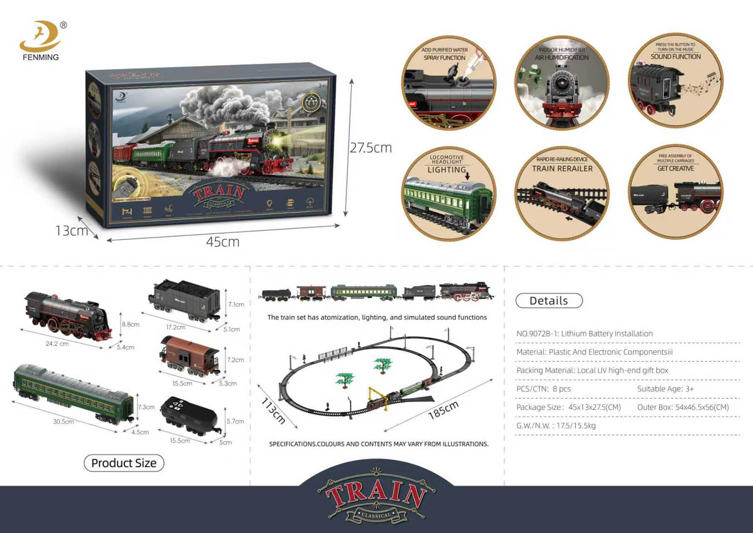 Retro train with Smoke, Sound and Lights 185x113 cm