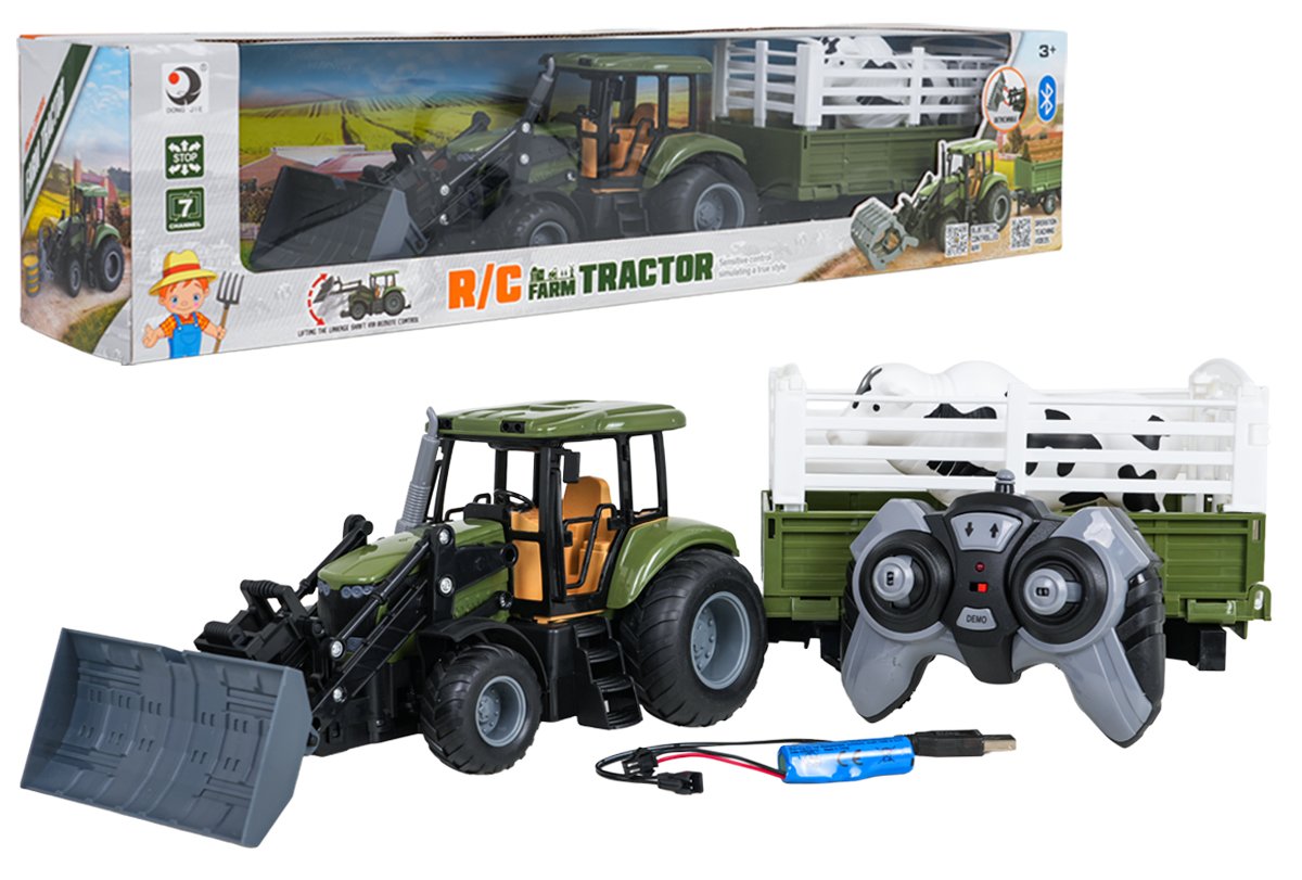 Roheline traktor haagisega R/C 1:20 + loomad