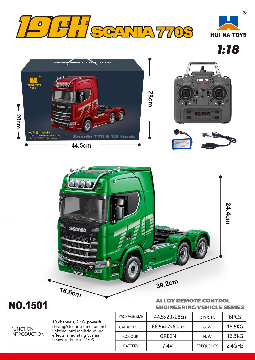 SCANIA 770S R/C 1:18 mõõtkavas roheline veoauto