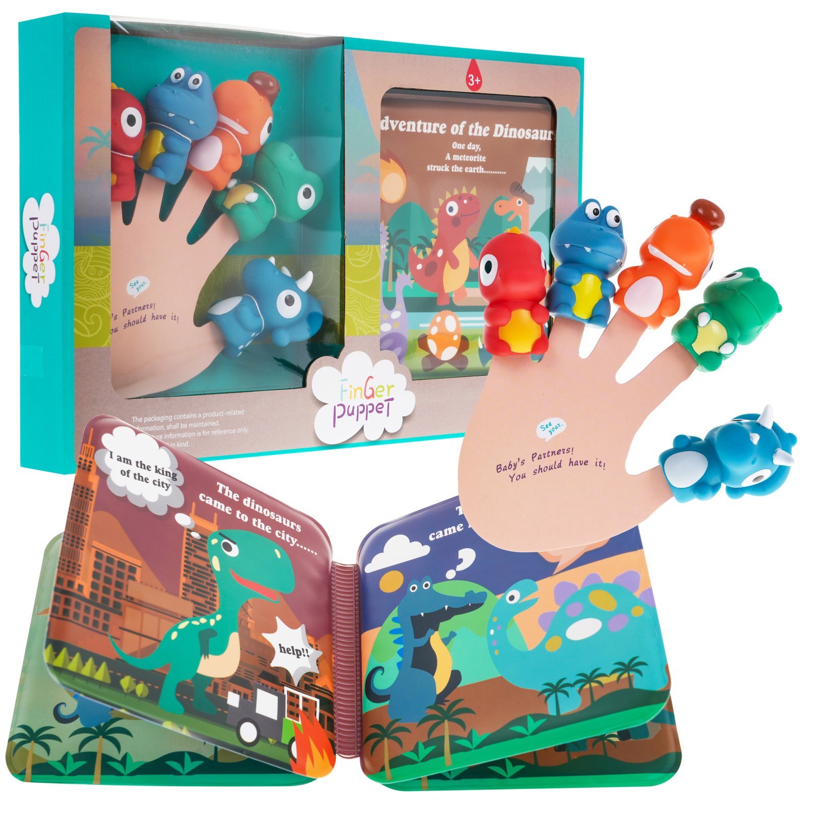 Kummist nukkude komplekt dinosaurused + raamat