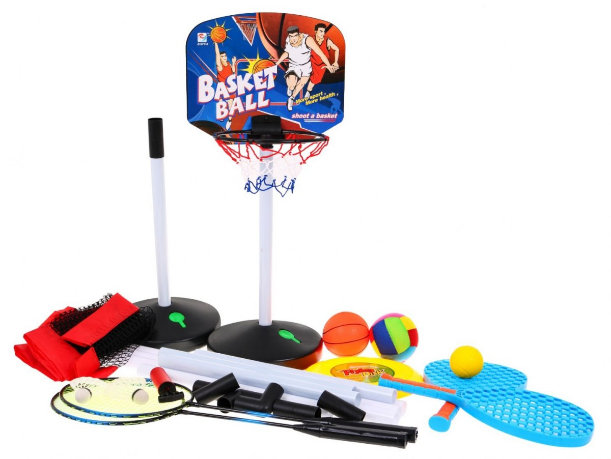 Spordikomplekt 5in1, korvpall, võrkpall, sulgpall, frisbee,