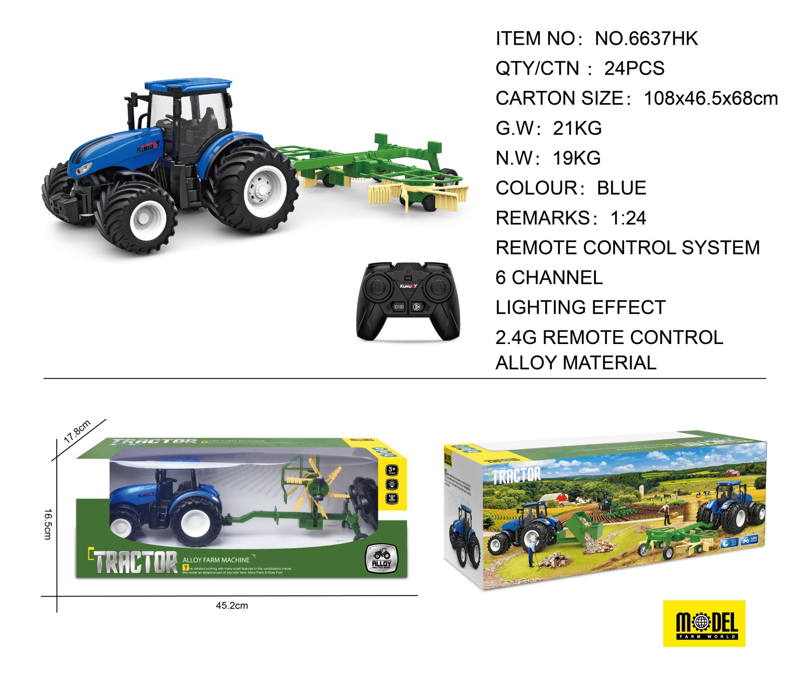 Traktor + vaalutaja RC 1:24 sinine