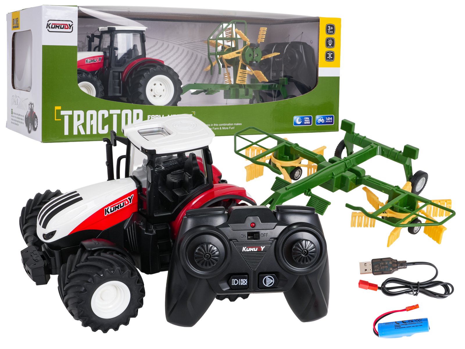 Traktor + vaalutaja RC 1:24 punane